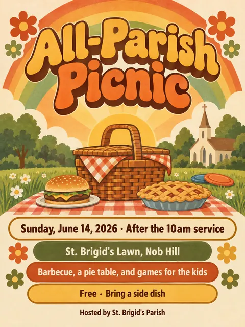 Psychedelic Seventies Corporate style party flyer for a fictional church: All-Parish Picnic