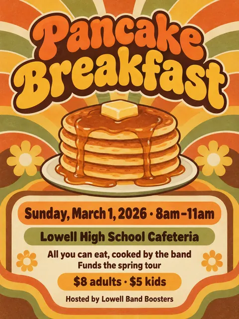 Psychedelic Seventies Corporate style party flyer for a fictional fundraiser: Pancake Breakfast