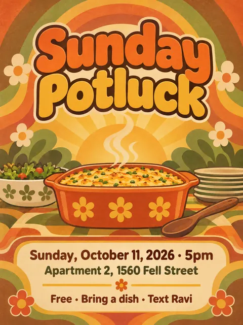 Psychedelic Seventies Corporate style party flyer for a fictional house: Sunday Potluck