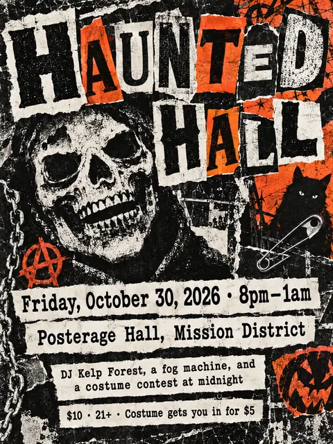 Punk Photocopied Fanzine style party flyer for a fictional halloween: Haunted Hall