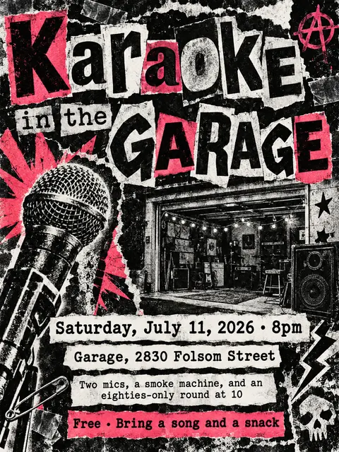 Punk Photocopied Fanzine style party flyer for a fictional house: Karaoke in the Garage