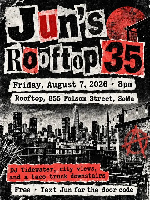 Punk Photocopied Fanzine style party flyer for a fictional birthday: Jun's Rooftop 35