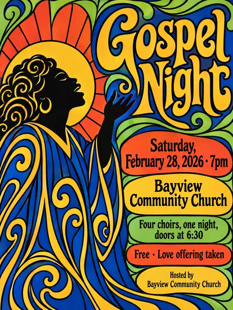 Push Pin Studios style party flyer for a fictional church: Gospel Night