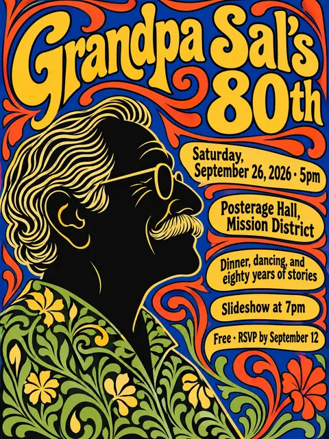 Push Pin Studios style party flyer for a fictional birthday: Grandpa Sal's 80th