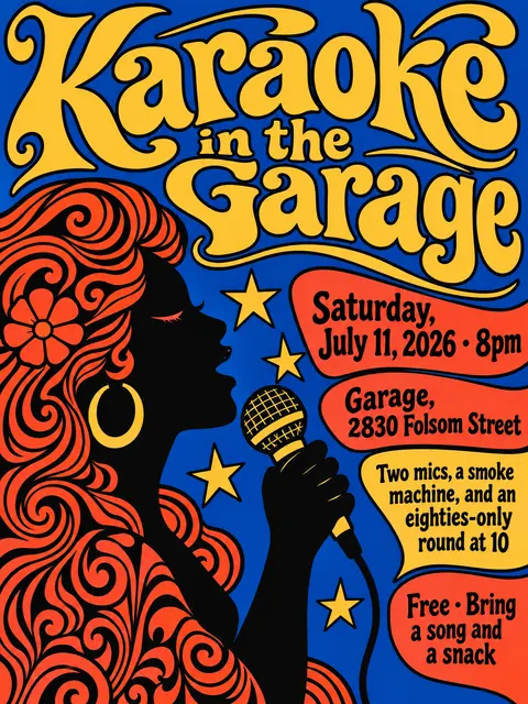 Push Pin Studios style party flyer for a fictional house: Karaoke in the Garage
