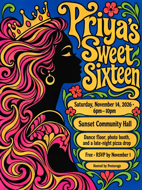 Push Pin Studios style party flyer for a fictional birthday: Priya's Sweet Sixteen