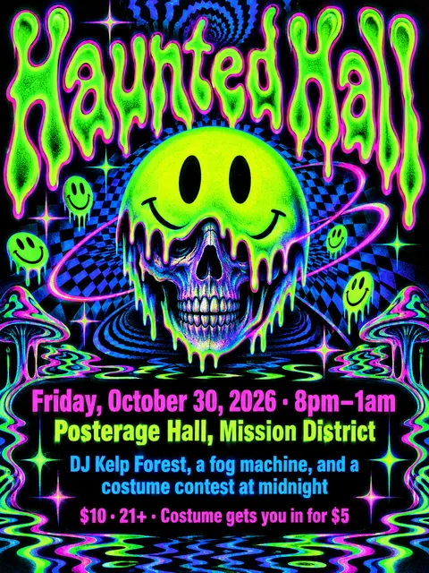 90s Rave / Acid Graphics style party flyer for a fictional halloween: Haunted Hall