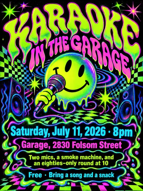 90s Rave / Acid Graphics style party flyer for a fictional house: Karaoke in the Garage