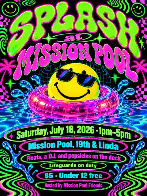 90s Rave / Acid Graphics style party flyer for a fictional pool: Splash at Mission Pool