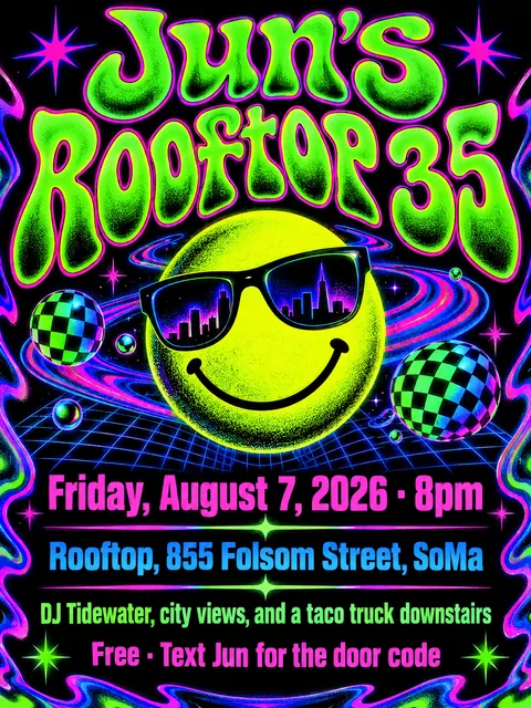 90s Rave / Acid Graphics style party flyer for a fictional birthday: Jun's Rooftop 35