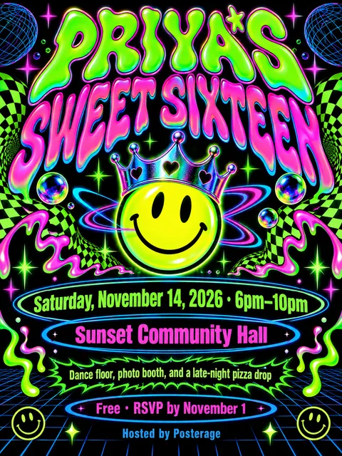 90s Rave / Acid Graphics style party flyer for a fictional birthday: Priya's Sweet Sixteen
