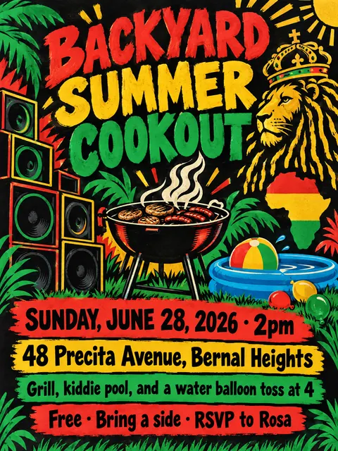 Reggae / Sound System Flyer style party flyer for a fictional pool: Backyard Summer Cookout