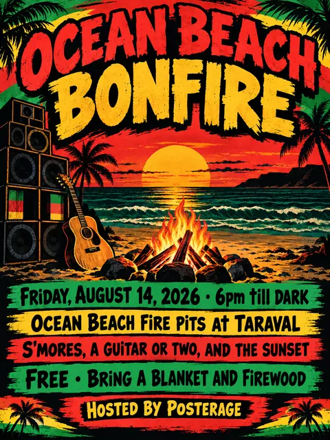 Reggae / Sound System Flyer style party flyer for a fictional pool: Ocean Beach Bonfire