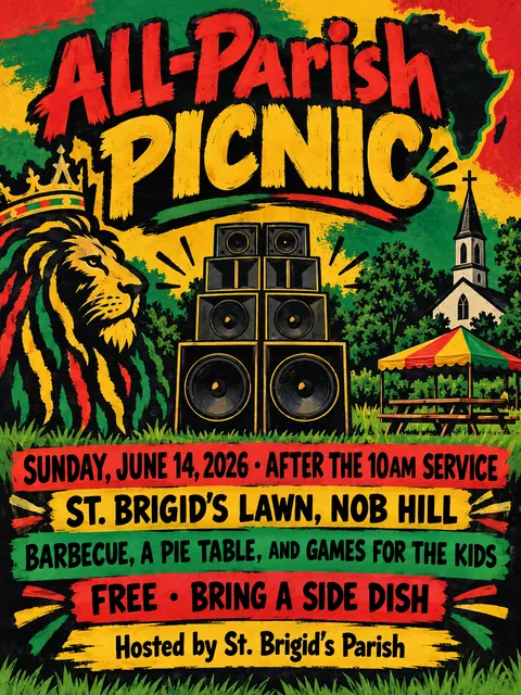 Reggae / Sound System Flyer style party flyer for a fictional church: All-Parish Picnic