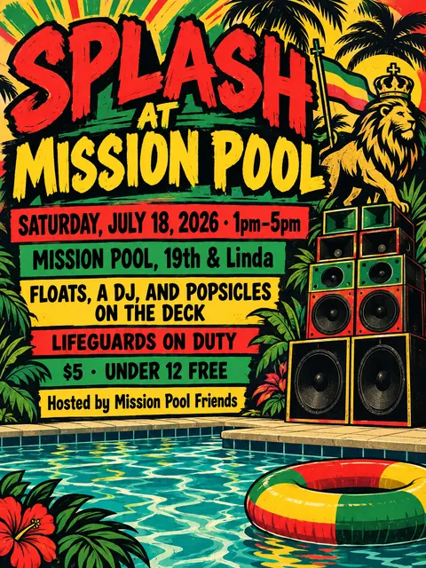 Reggae / Sound System Flyer style party flyer for a fictional pool: Splash at Mission Pool