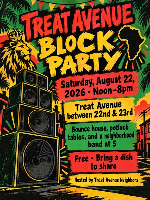 Reggae / Sound System Flyer style party flyer for a fictional block: Treat Avenue Block Party