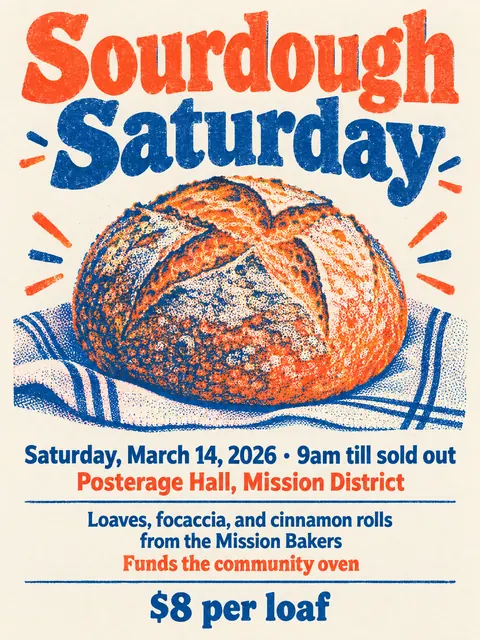 Risograph style party flyer for a fictional bake-sale: Sourdough Saturday