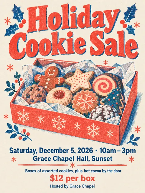 Risograph style party flyer for a fictional bake-sale: Holiday Cookie Sale