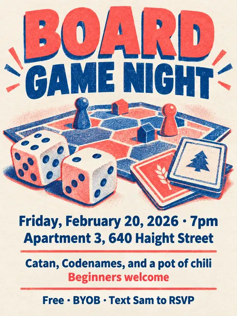 Risograph style party flyer for a fictional house: Board Game Night
