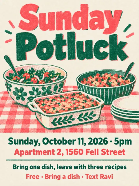 Risograph style party flyer for a fictional house: Sunday Potluck