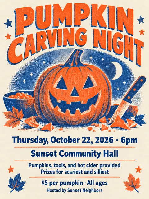 Risograph style party flyer for a fictional halloween: Pumpkin Carving Night