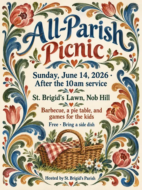 Scandinavian Folk / Rosemaling style party flyer for a fictional church: All-Parish Picnic