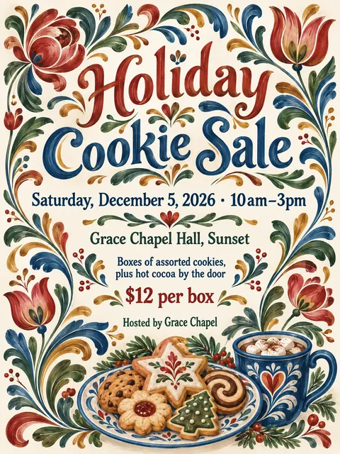Scandinavian Folk / Rosemaling style party flyer for a fictional bake-sale: Holiday Cookie Sale