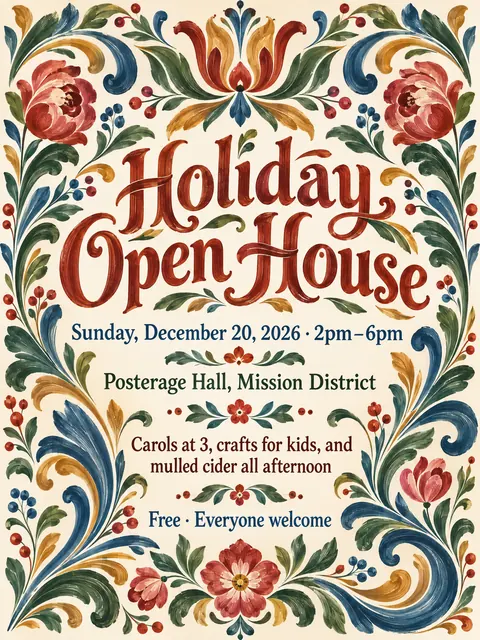 Scandinavian Folk / Rosemaling style party flyer for a fictional holiday: Holiday Open House