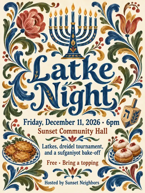 Scandinavian Folk / Rosemaling style party flyer for a fictional holiday: Latke Night