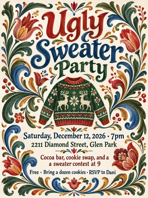Scandinavian Folk / Rosemaling style party flyer for a fictional holiday: Ugly Sweater Party