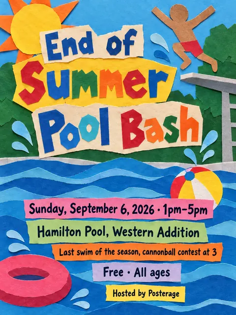 School Cutout Collage style party flyer for a fictional pool: End of Summer Pool Bash