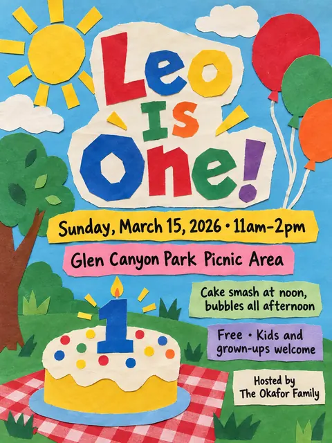 School Cutout Collage style party flyer for a fictional birthday: Leo Is One!