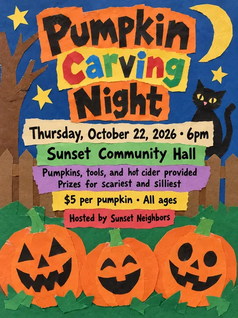 School Cutout Collage style party flyer for a fictional halloween: Pumpkin Carving Night