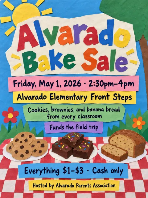 School Cutout Collage style party flyer for a fictional bake-sale: Alvarado Bake Sale