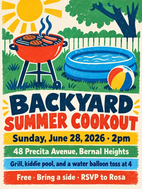 Screenprint Pop style party flyer for a fictional pool: Backyard Summer Cookout