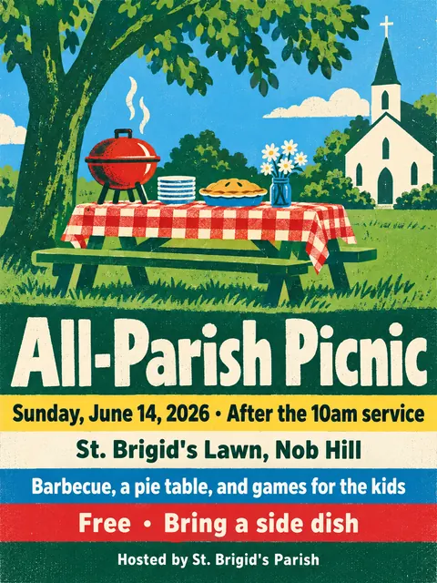 Screenprint Pop style party flyer for a fictional church: All-Parish Picnic