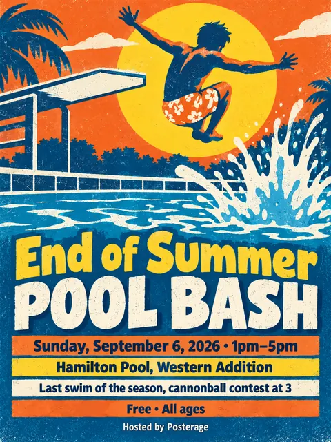 Screenprint Pop style party flyer for a fictional pool: End of Summer Pool Bash