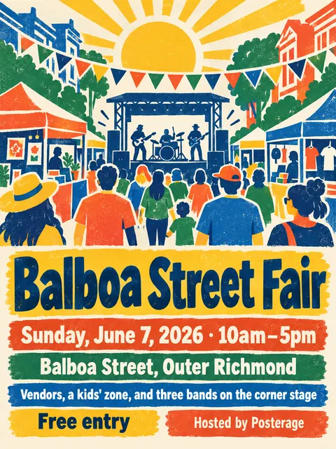 Screenprint Pop style party flyer for a fictional block: Balboa Street Fair