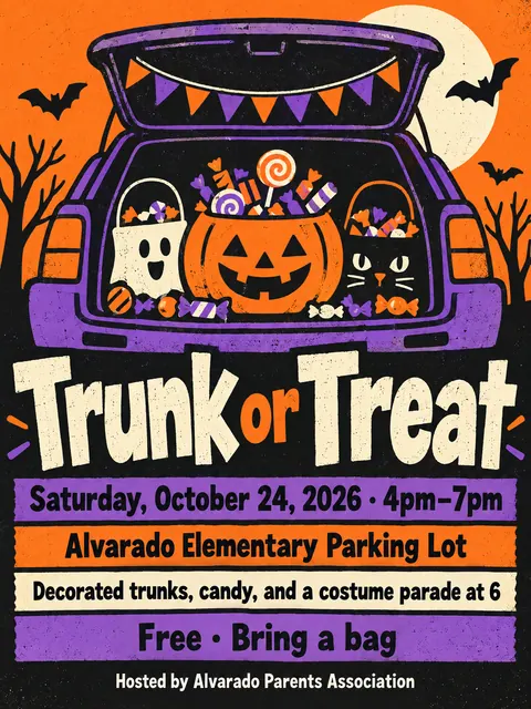 Screenprint Pop style party flyer for a fictional halloween: Trunk or Treat
