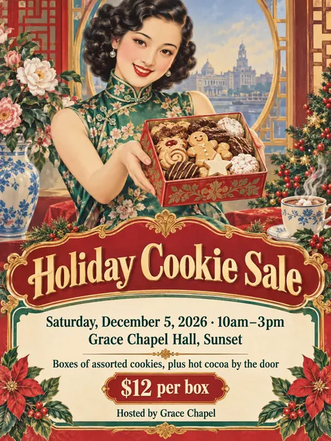 Shanghai Calendar Poster / Yuefenpai style party flyer for a fictional bake-sale: Holiday Cookie Sale