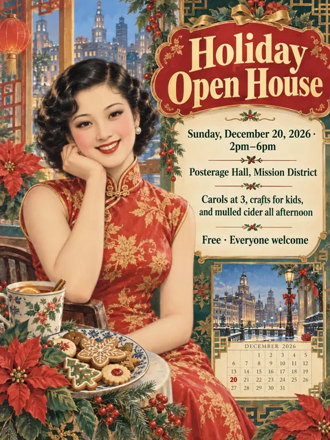 Shanghai Calendar Poster / Yuefenpai style party flyer for a fictional holiday: Holiday Open House