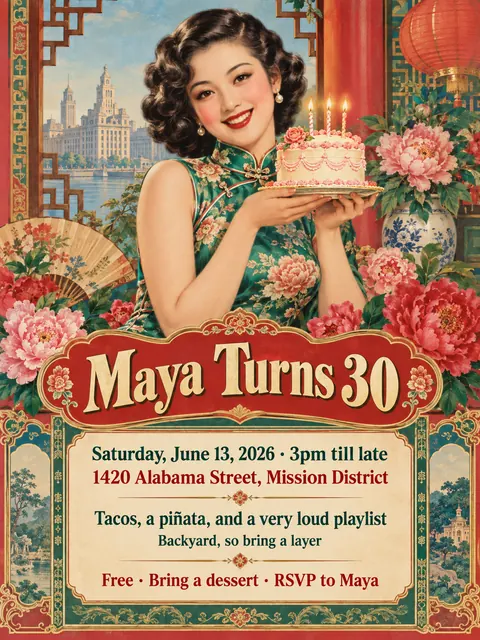 Shanghai Calendar Poster / Yuefenpai style party flyer for a fictional birthday: Maya Turns 30