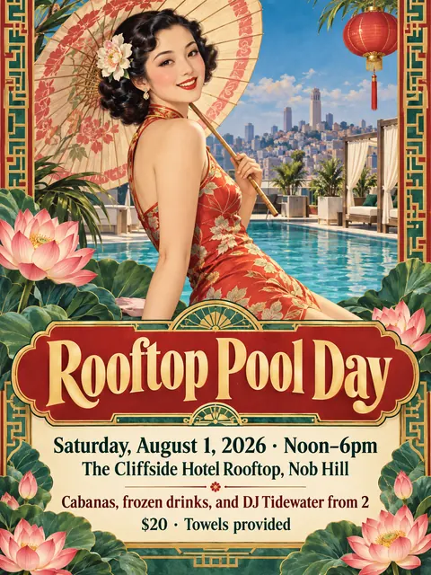 Shanghai Calendar Poster / Yuefenpai style party flyer for a fictional pool: Rooftop Pool Day