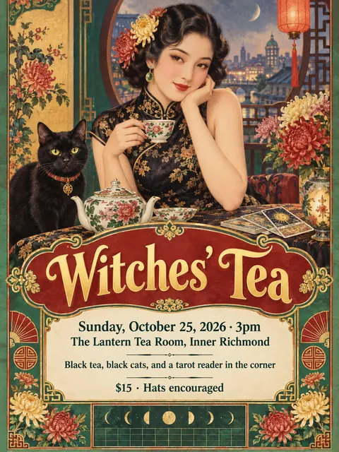 Shanghai Calendar Poster / Yuefenpai style party flyer for a fictional halloween: Witches' Tea