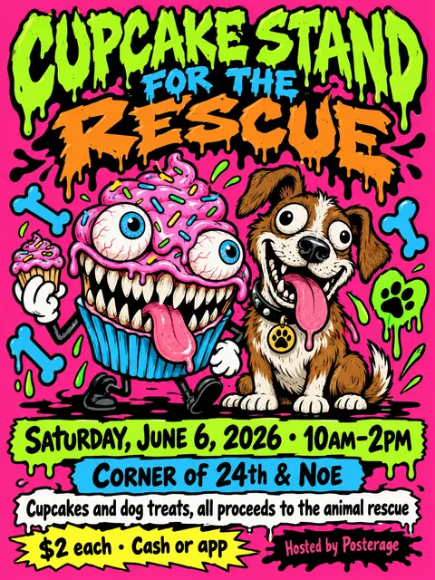 Skateboard / Street Graphics style party flyer for a fictional bake-sale: Cupcake Stand for the Rescue