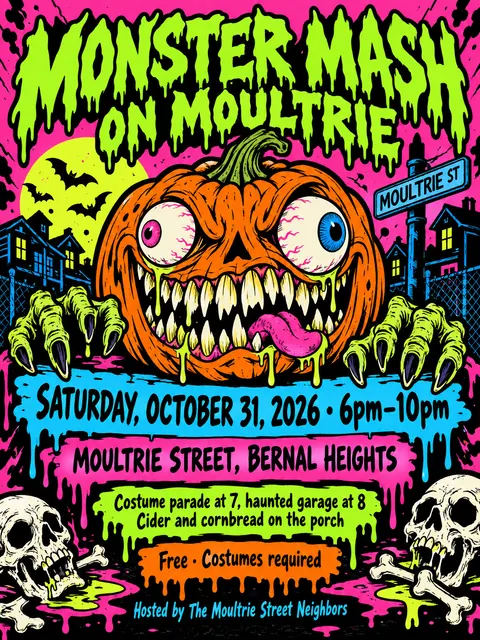 Skateboard / Street Graphics style party flyer for a fictional halloween: Monster Mash on Moultrie