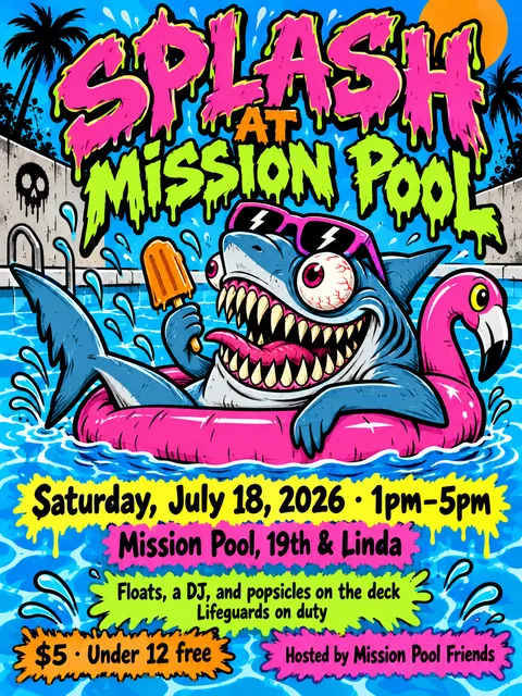 Skateboard / Street Graphics style party flyer for a fictional pool: Splash at Mission Pool