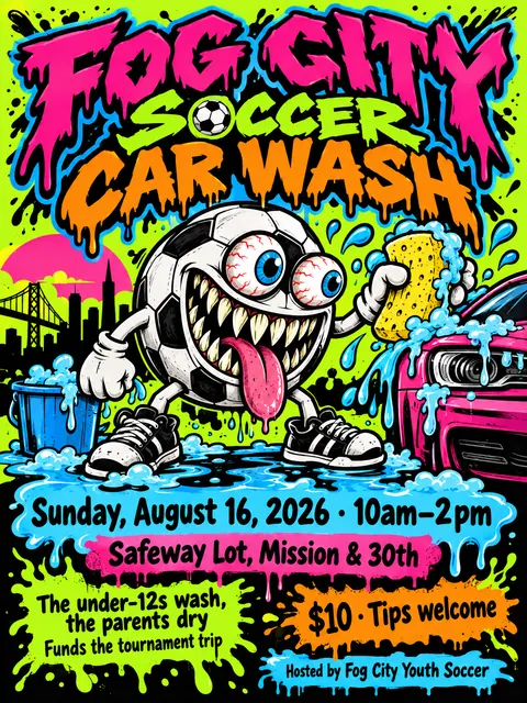 Skateboard / Street Graphics style party flyer for a fictional car-wash: Fog City Soccer Car Wash