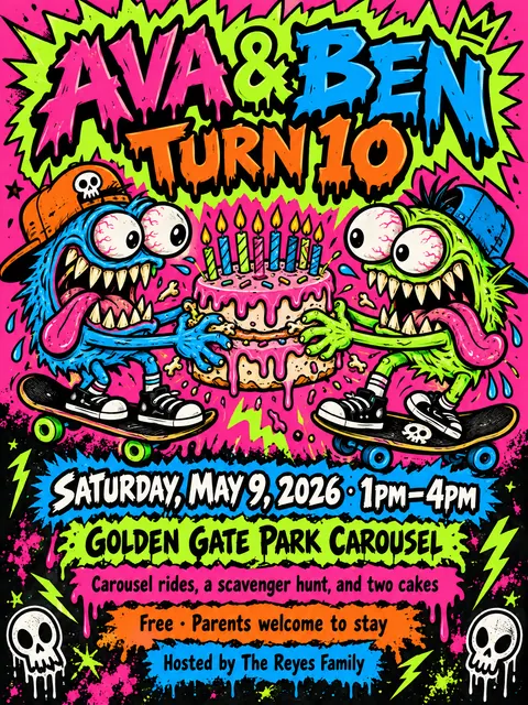 Skateboard / Street Graphics style party flyer for a fictional birthday: Ava & Ben Turn 10
