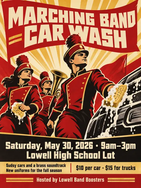 Soviet Propaganda style party flyer for a fictional car-wash: Marching Band Car Wash
